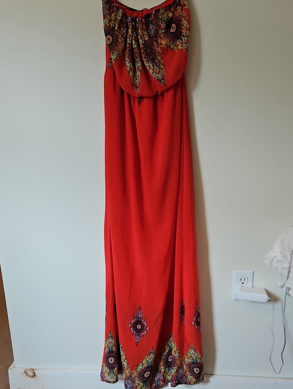 Love Tree Red Strapless Maxi with Boho Trim ***